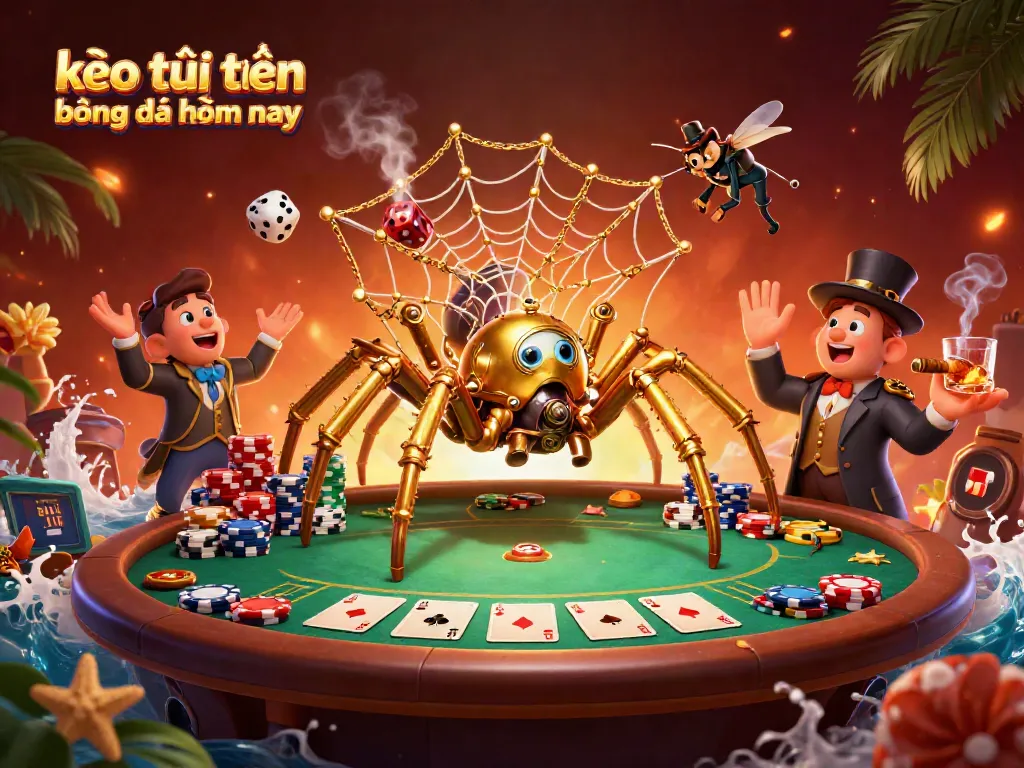 Kèo trực tuyến bóng đá hôm nay với hình ảnh nhện vàng steampunk bắt xúc xắc trong mạng lưới phức tạp.