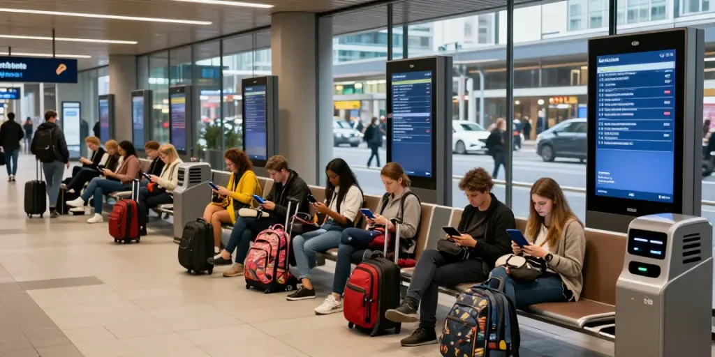 Livrarea coletelor în Moldova și Europa în hubul de transport modern cu călători așteptând.