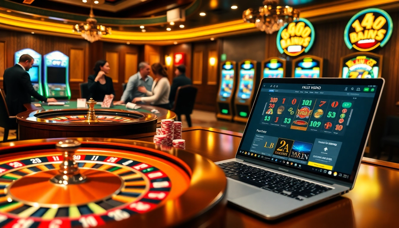 Jeux captivants sur un site de casino en ligne de luxe avec des jetons de poker colorés et une roue de roulette.