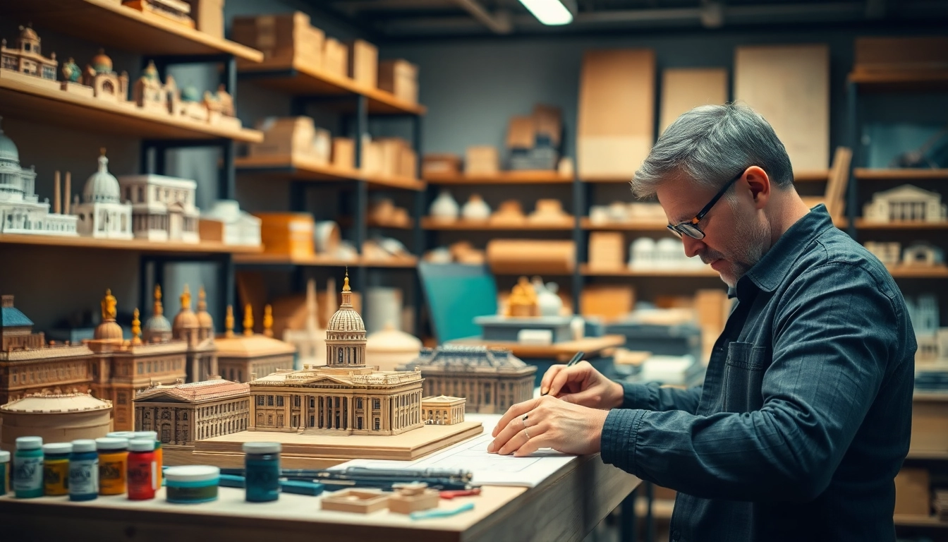 Architekturmodellbau Potsdam eines Handwerkers in seiner Werkstatt, der detaillierte Miniaturen erstellt.