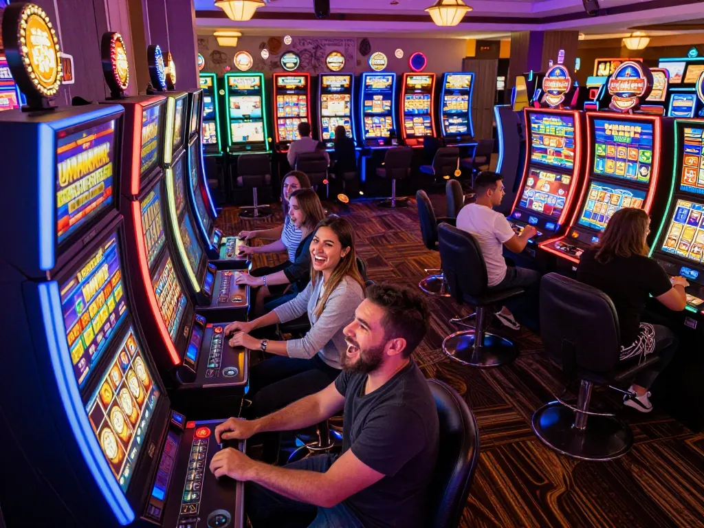 Engaging players at colorful slot machines in cm88-t1 casino, showcasing vibrant gaming atmosphere