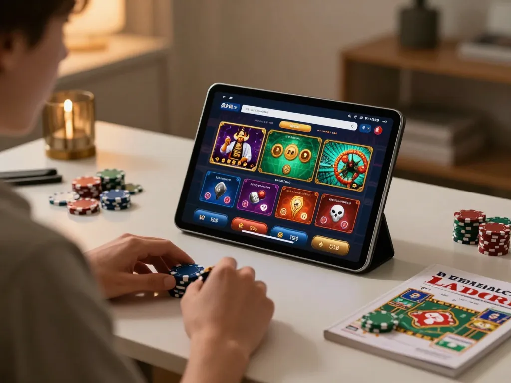 Engaging moment of online gaming with tg88-link app displayed on tablet in cozy home setting.