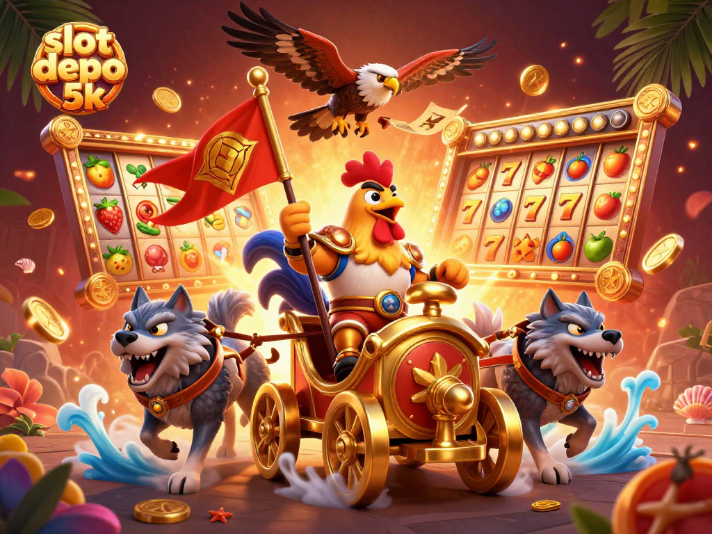 Spin and win with slot depo 5k in an exciting 3D casino illustration filled with vibrant symbols!