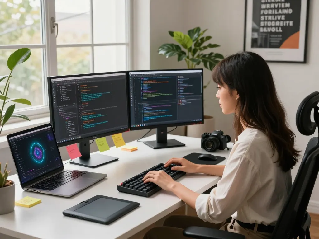 Developer generating AI prompts in a modern workspace, showcasing the image to prompt ai concept.