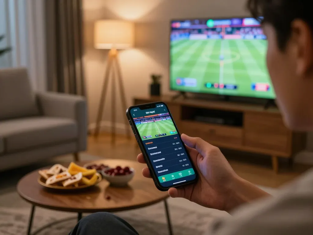 Engaged player using gta togel app for sports betting during exciting live game.