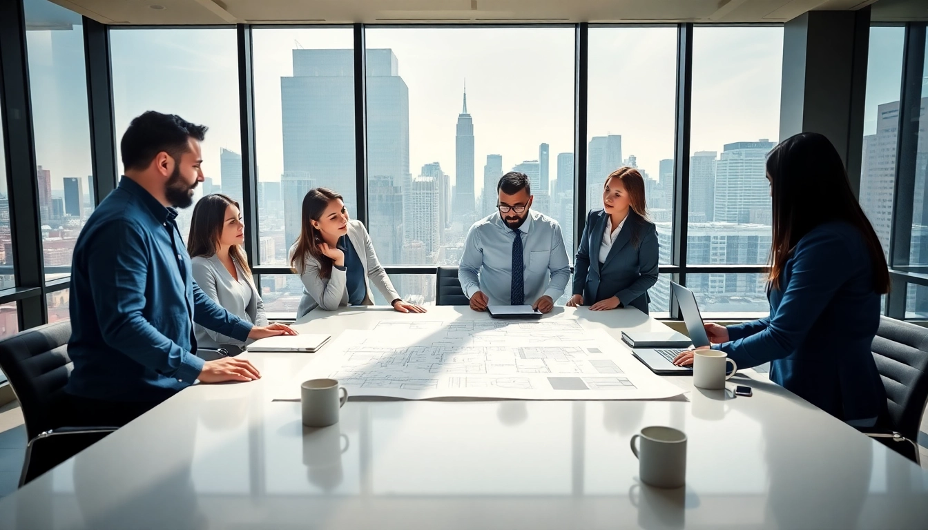 Manhattan Construction Manager engaged in team discussion with architectural plans.