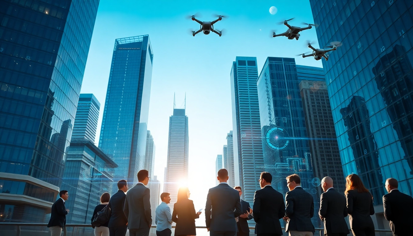 Visualize Technology in a futuristic city with professionals collaborating amid holographic data displays.