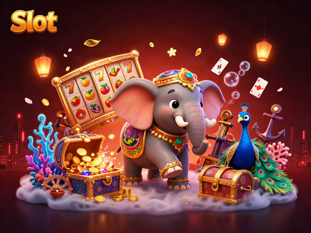 Spin the Slot reels with vibrant symbols, as the colorful elephant and peacock celebrate.