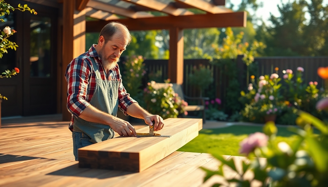Craftsman engaged in detailed deck building showcasing skills and natural materials.