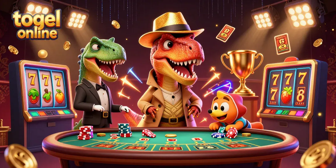 Permainan togel online yang menarik dengan karakter dinosaurus yang sedang bermain di kasino.