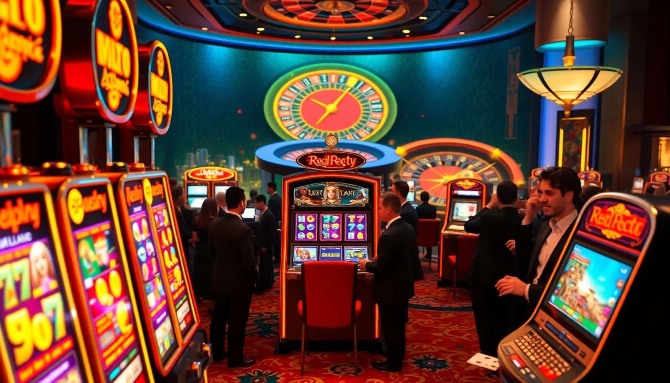 Excited players engaging with slot pragmatic play machines in a luxurious casino atmosphere.
