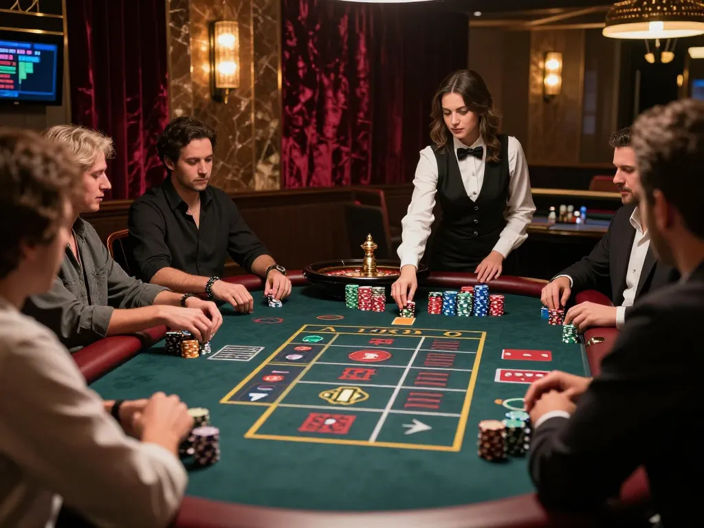 Players enjoying a thrilling roulette game at 888top's live dealer casino, elaborate setup with dealer and chips
