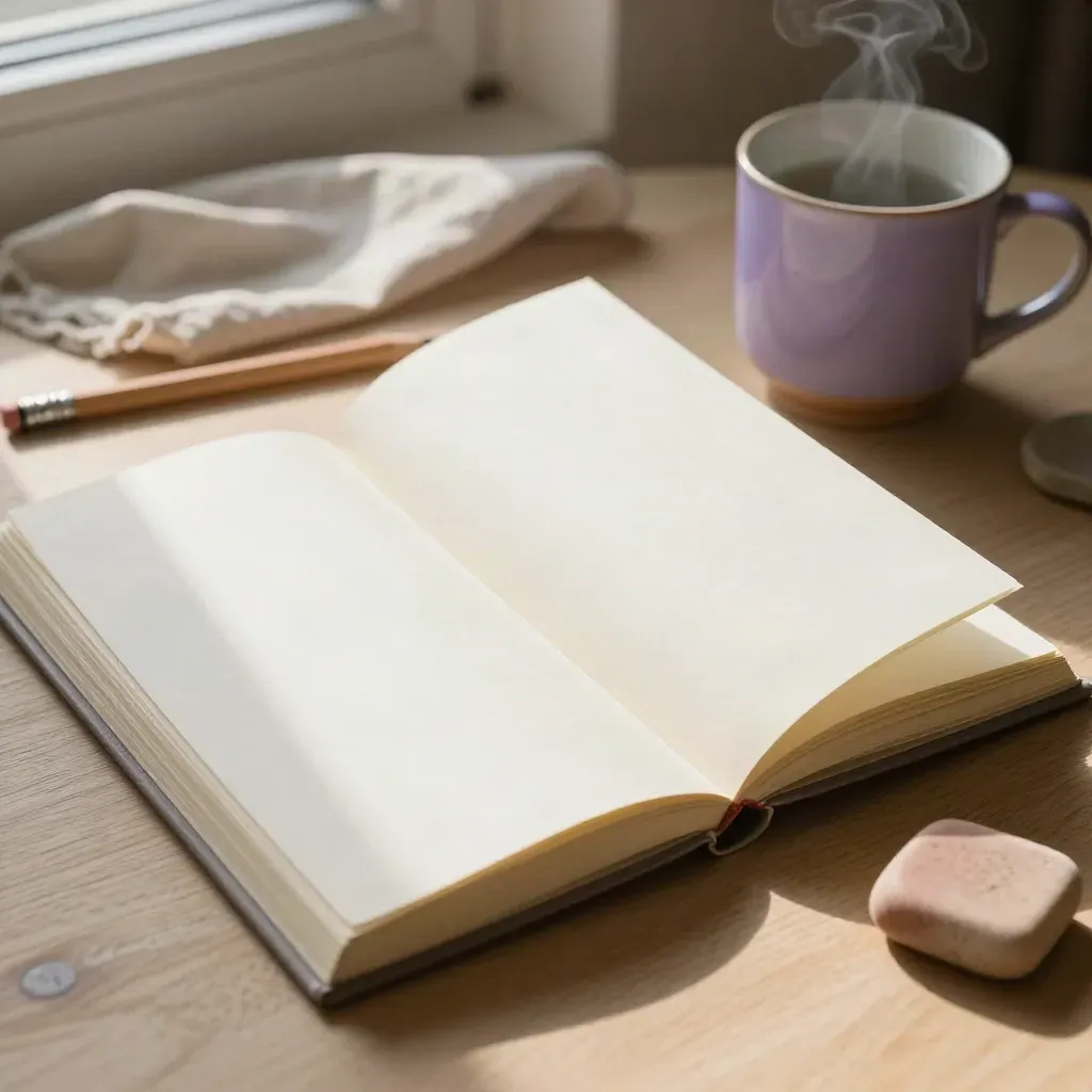 Open journal, pencil, eraser, stone dish, and mug on pale oak in soft morning light.