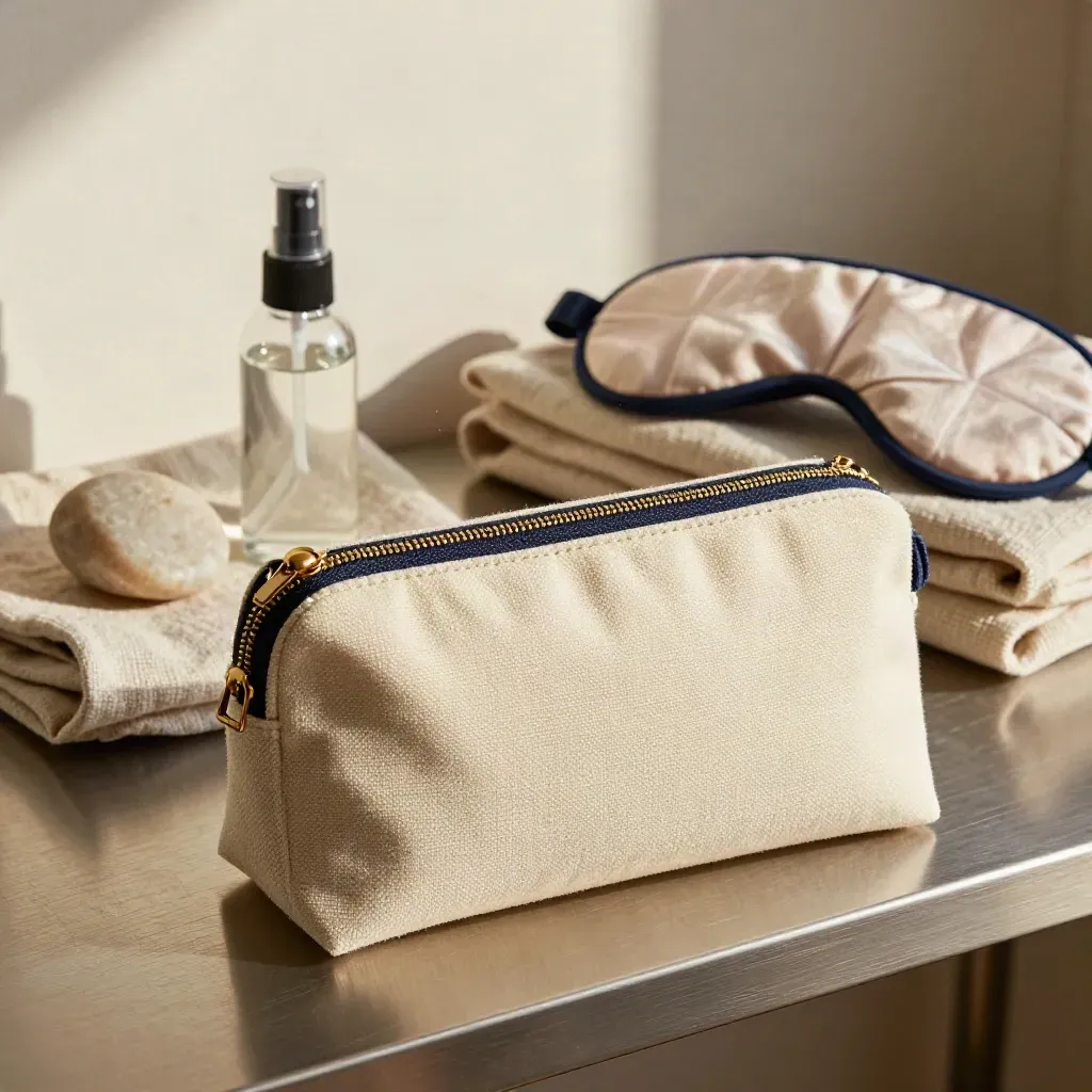 Calm kit pouch with spray vial, worry stone, folded cloth and eye mask on pewter shelf