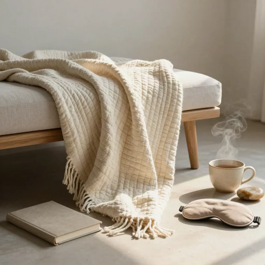 Cream weighted blanket, journal, tea cup, sleep mask and stones in rain-bright cinematic light.