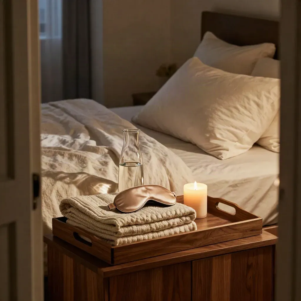 Bedside tray with weighted blanket, water carafe, sleep mask and candle beside a turned-down bed.