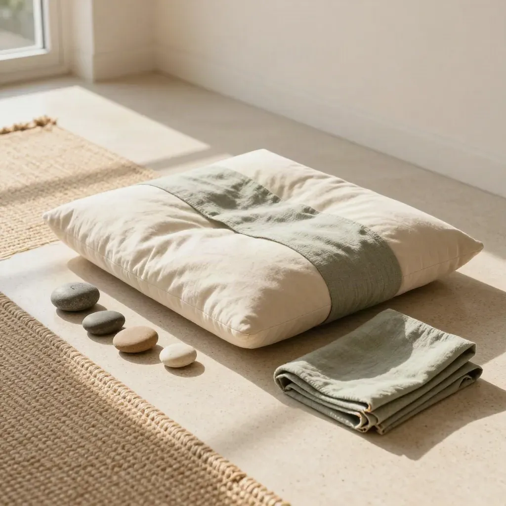 Meditation cushion with breath stone, three pebbles and folded cloth on a sunlit rug.