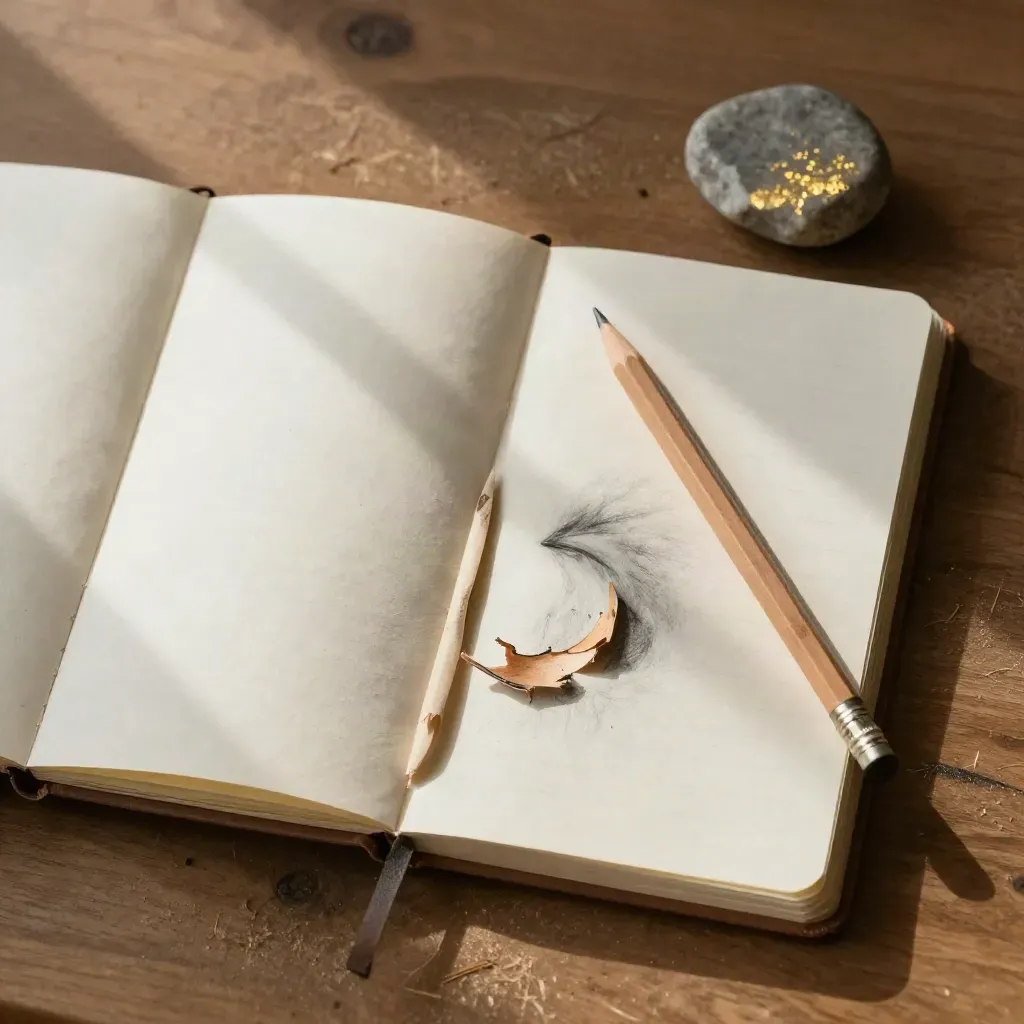 Overhead notebook with graphite smear, blunt pencil, eraser curls and stone paperweight