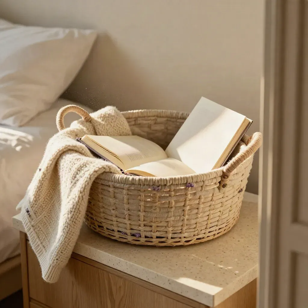 Starter kit basket on a bedside table in morning light with blanket, journal, and booklet.