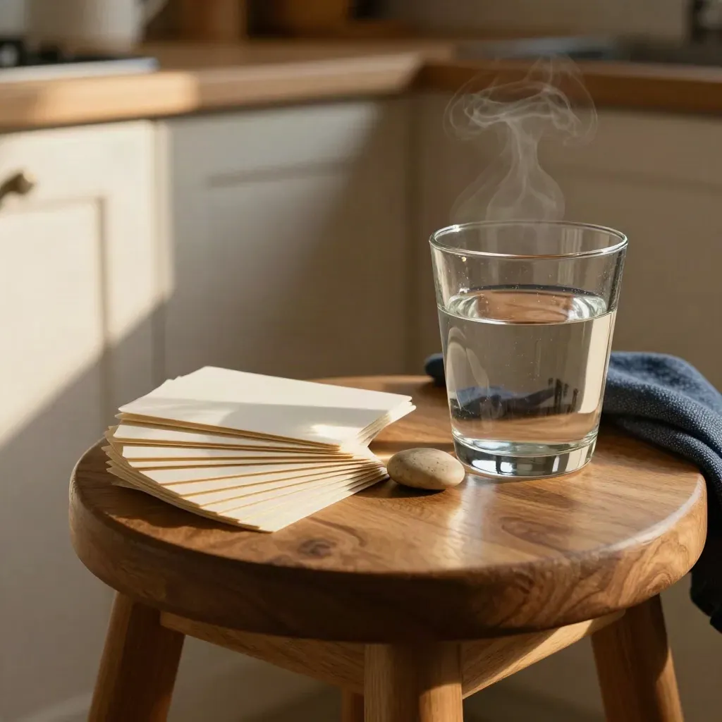 Grounding cards, pebble, and water glass beside steaming cup on a kitchen stool.