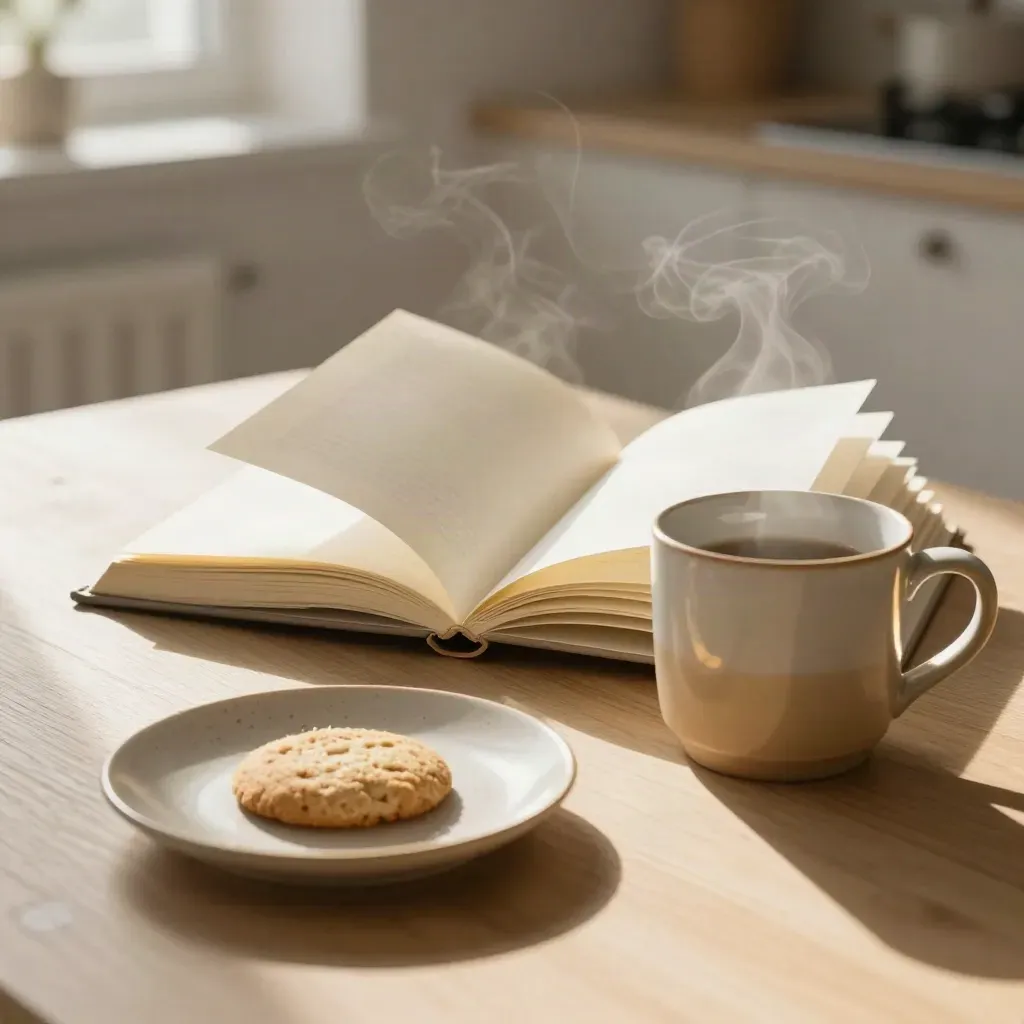 Open journal, steaming mug, and small plate on a sunlit breakfast table at dawn.