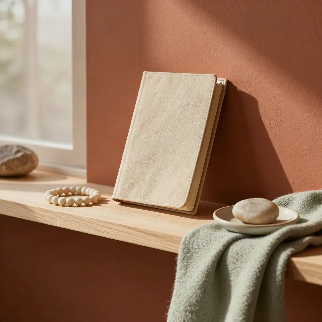 Calm tools on a terracotta shelf: journal, breath beads, folded blanket, and stone in window haze.