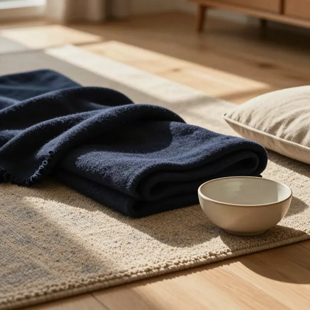 Navy blanket, cushion, and ceramic bowl on a rug in a quiet sunlit room