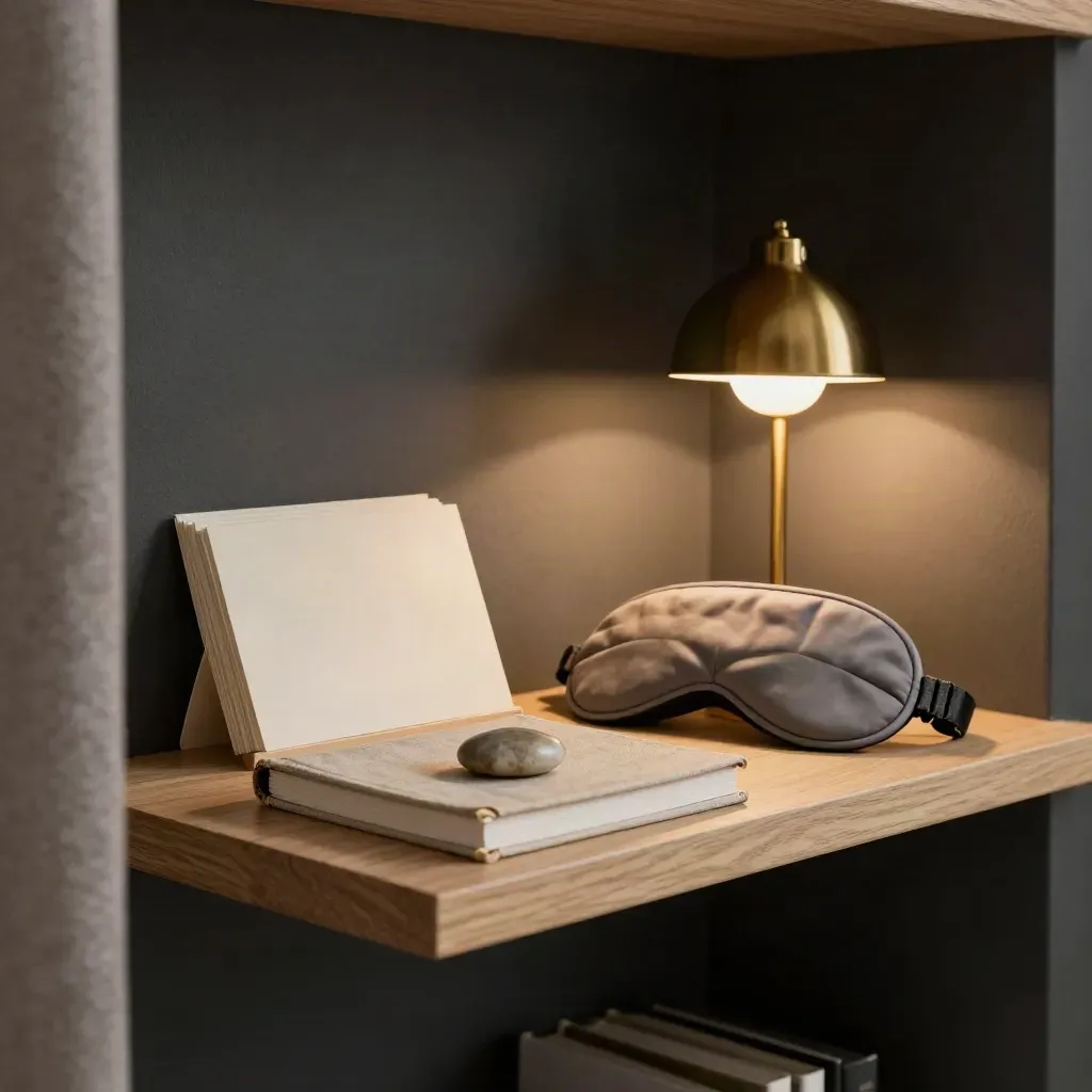 Calm cards, worn journal, stone, and eye mask on a shelf under a warm lamp at dusk.