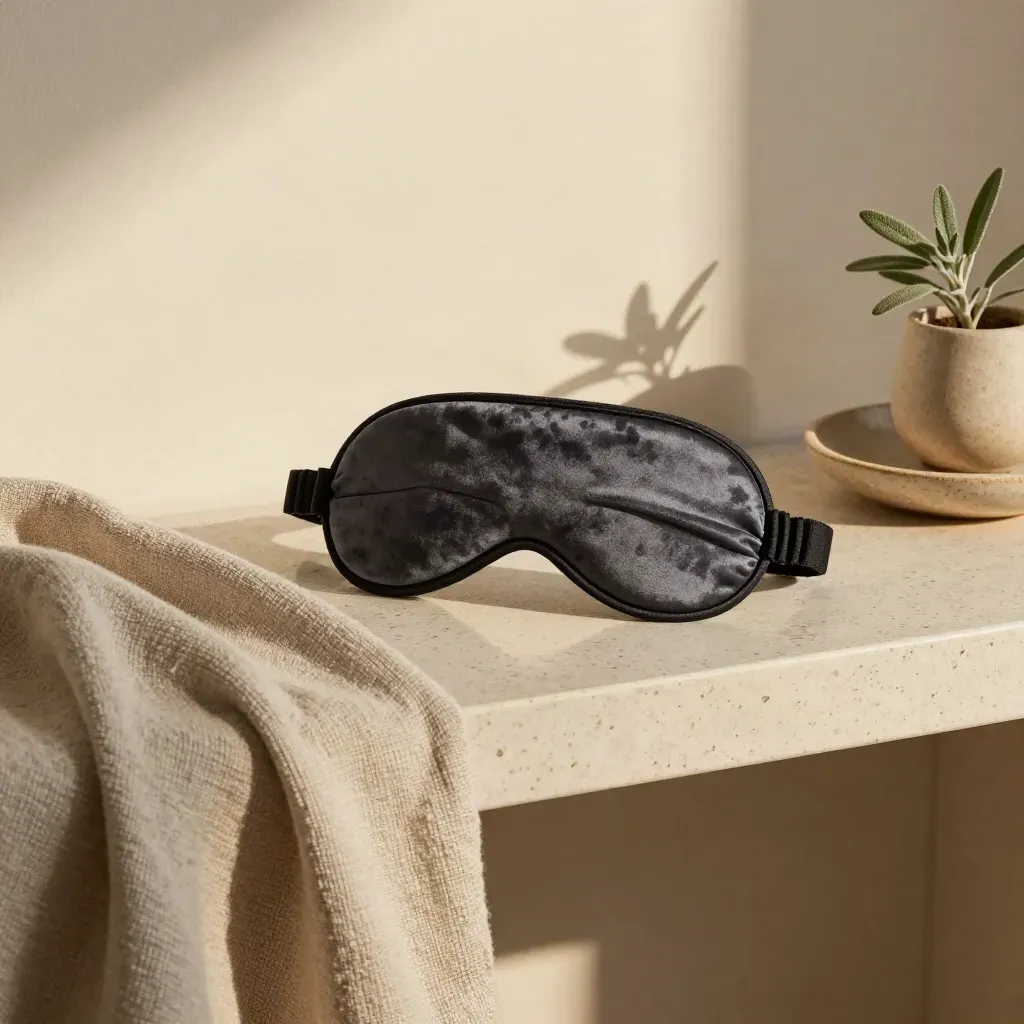 Charcoal eye mask on folded linen with dish and sage plant on a stone shelf.