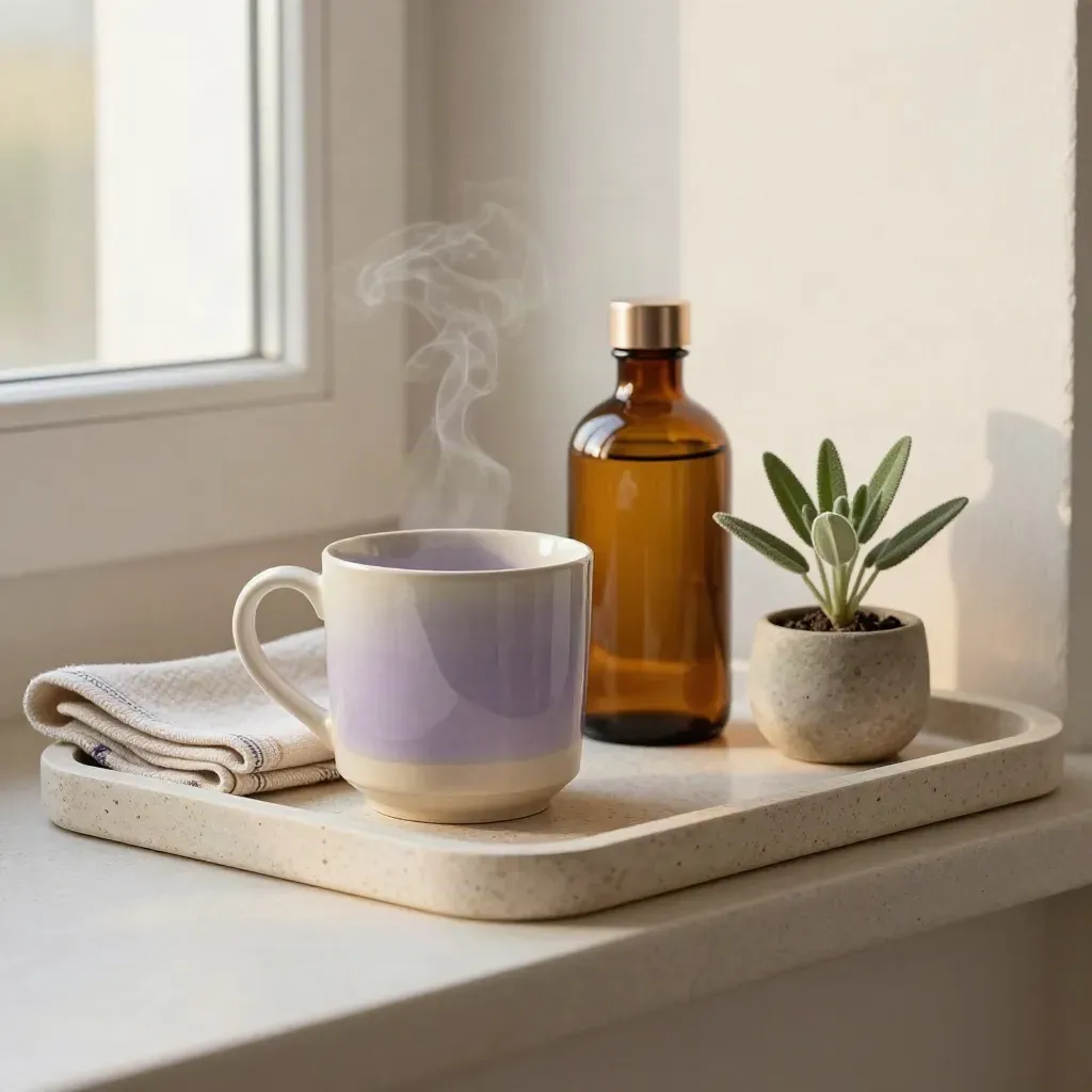 Morning tray with mug, towel, amber bottle and tiny plant on a plaster shelf
