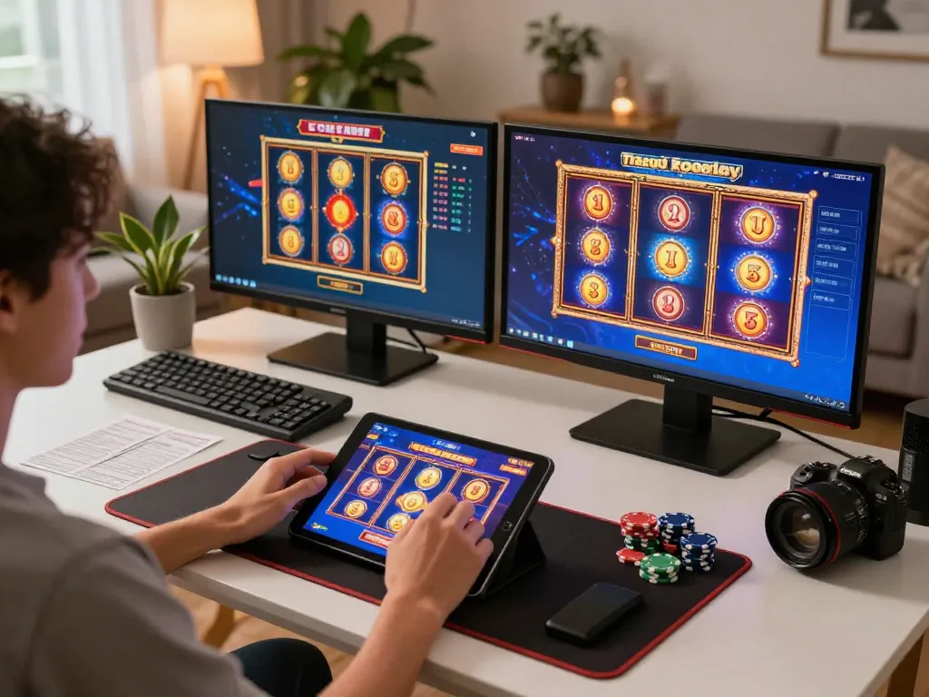 A person enjoys apk slot bet 50 perak deposit 5000 at home using tablet, surrounded by cozy decor and personal gaming setup.