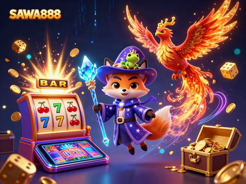 Experience thrilling gaming action with SAWA888, featuring magical characters and dynamic casino elements.
