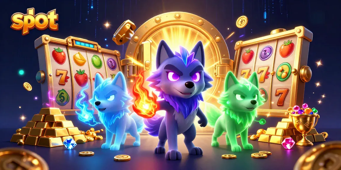 Spin colorful slot reels surrounded by glowing wolf characters and treasures.
