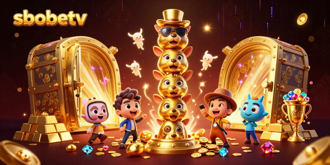 Experience the excitement of sbobetv with dynamic casino-themed elements, showcasing a vibrant totem pole and golden treasures.