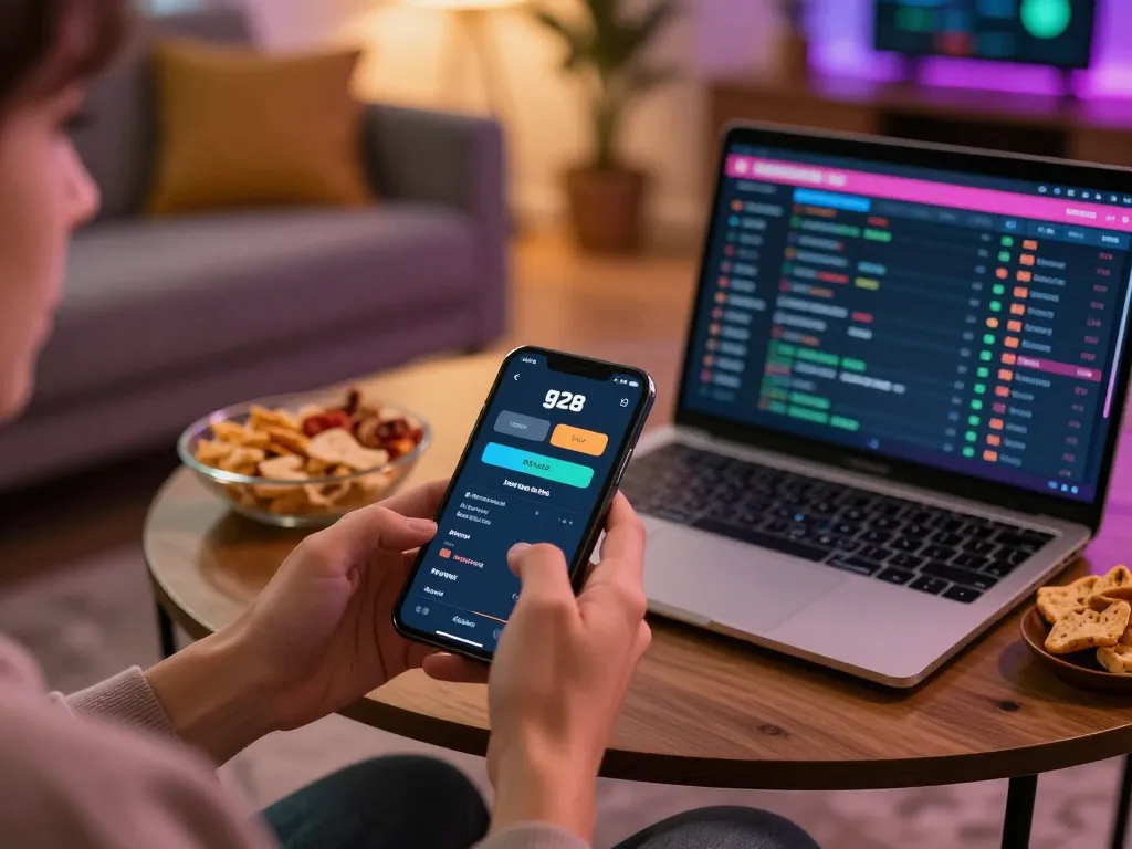 Engaging with g28 com mobile betting app in a cozy gaming setup with snacks and strategies.
