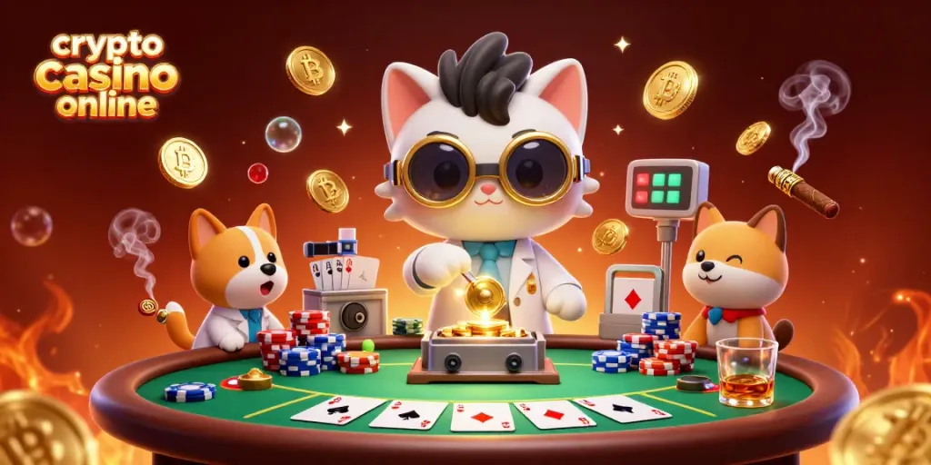 Gioca nei migliori crypto casino online con l'illustrazione di un gatto scienziato e un cane assistente.