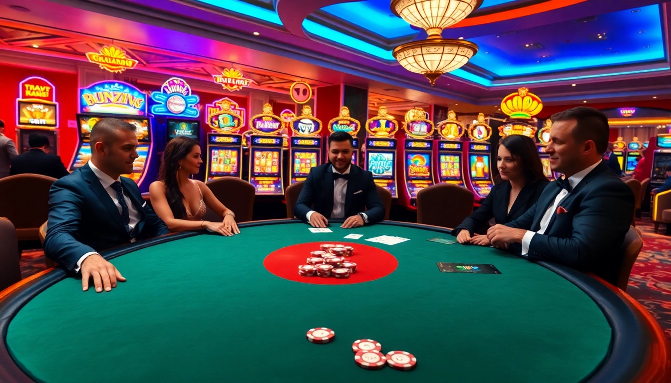 Players enjoy thrilling games at Thabet77 casino with vibrant slot machines and a luxurious ambiance.