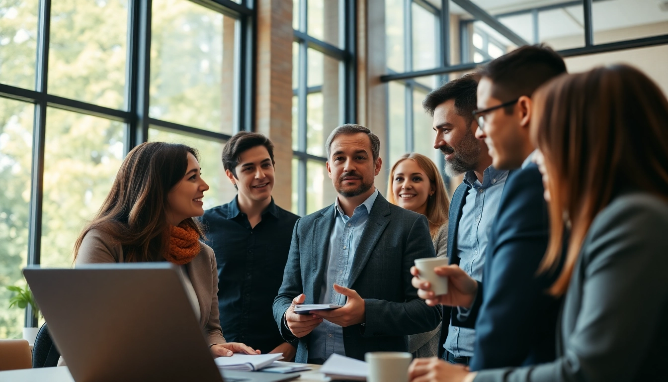 Engaging discussion on founder leadership insights among diverse team members in a modern office.
