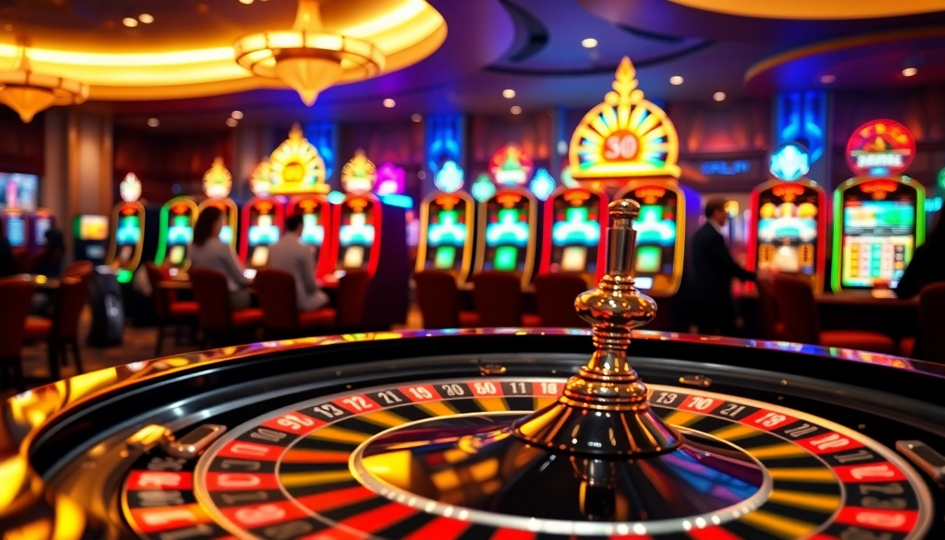 Casino bonus ohne einzahlung neu: Roulette table with vibrant slot machines in an elegant casino atmosphere.