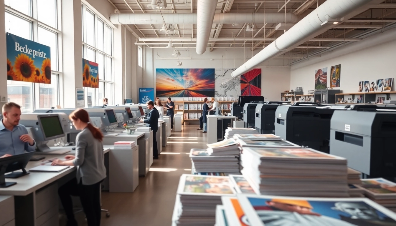 Edmonton print shop bustling with activity and vibrant printed materials on display.