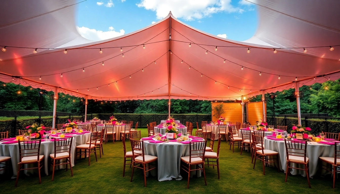 A vibrant outdoor scene showcasing Party Tent Rentals with beautifully arranged tables under a large white tent.