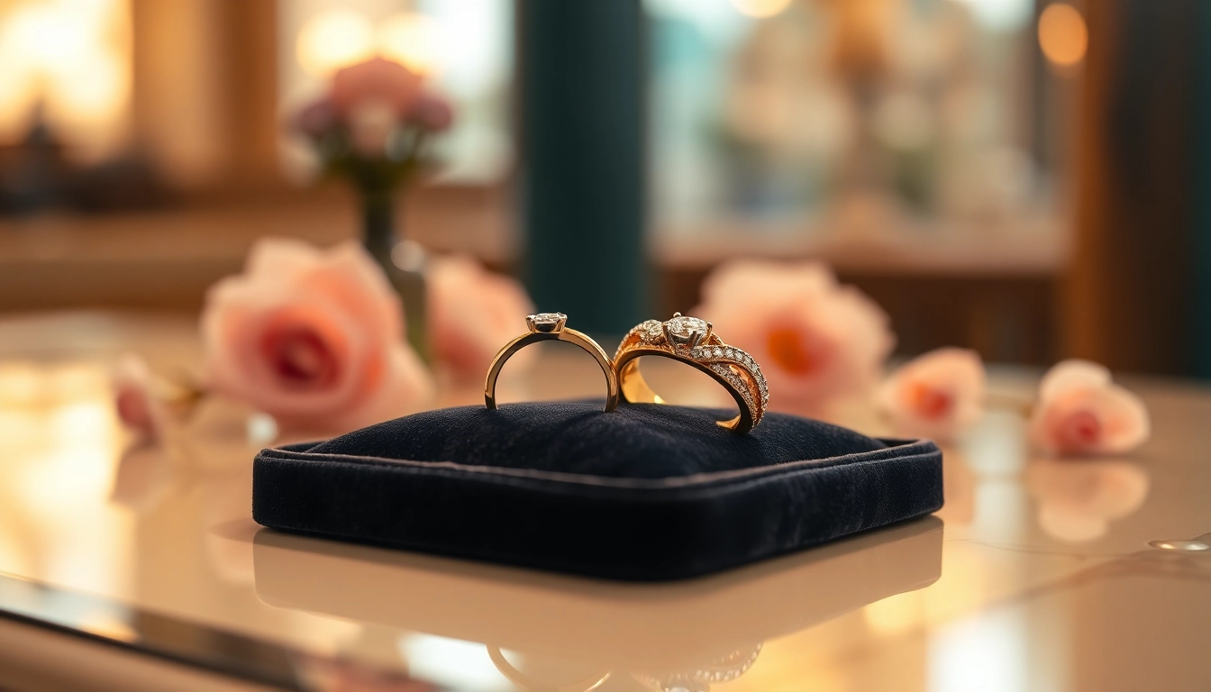 Showcase of couple rings highlighting intricate details and elegant designs in a luxurious setting.