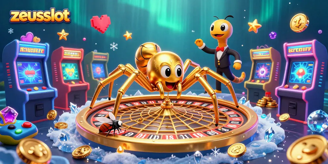 Experience the thrill of zeusslot with a golden spider and centipede croupier amidst a vibrant casino scene.