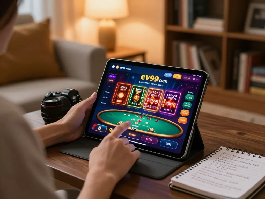 Engaging with ev99 com on a tablet in a cozy home atmosphere while planning strategic gambling
