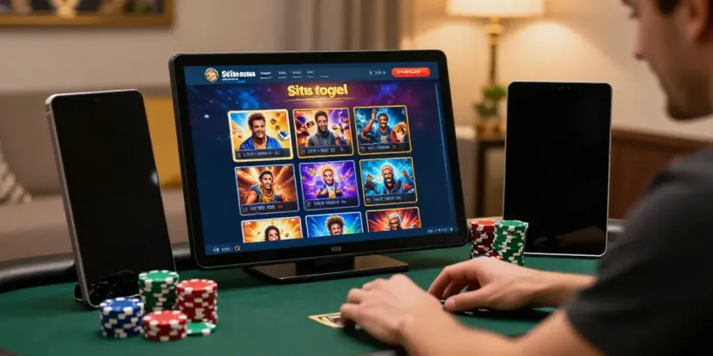 Engaging scene of a person using Situs togel on a laptop with gaming graphics and poker chips.