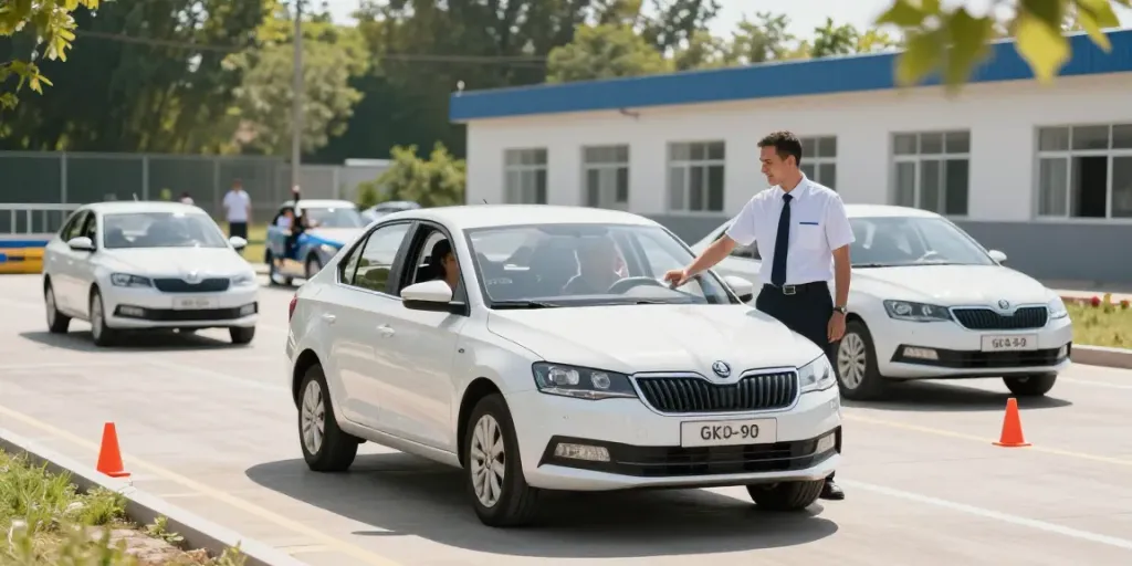 Driving lesson at scoala auto chisinau with instructor and eager students learning in a Skoda Fabia.