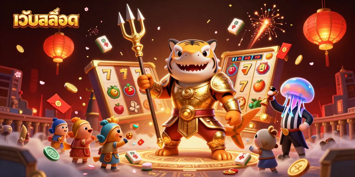 Experience the thrill of เว็บสล็อต with a vibrant 3D illustration of a shark gladiator amidst dynamic gaming elements.