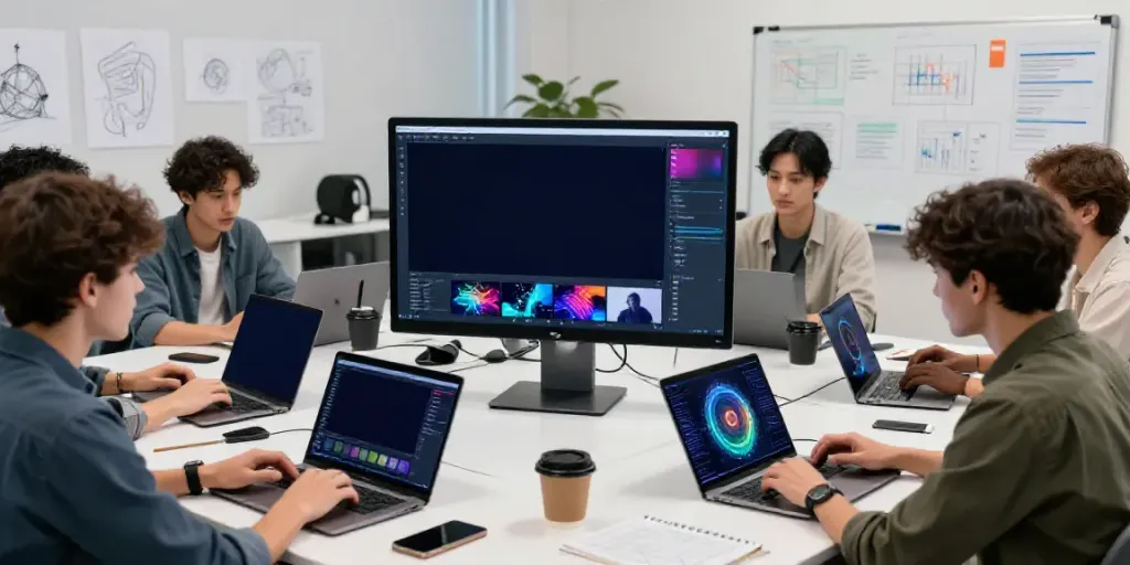 Dynamic tech team collaborating on AI video generation service innovations in a modern workspace.