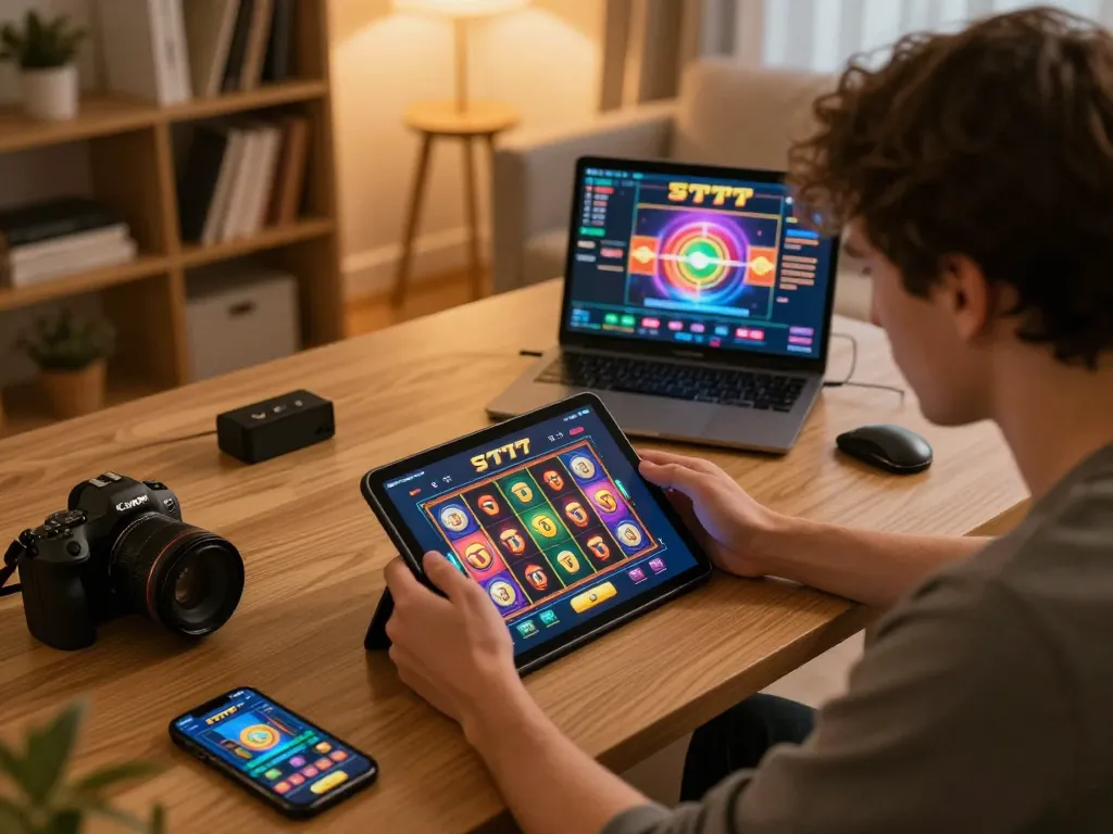 Playing slot777 on a tablet in cozy home setting, showcasing responsible gaming.