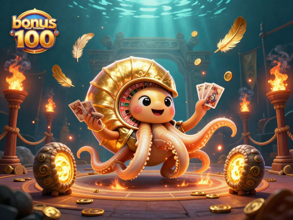 Experience thrilling wins with the bonus new member 100, featuring a giant nautilus and vibrant casino elements.